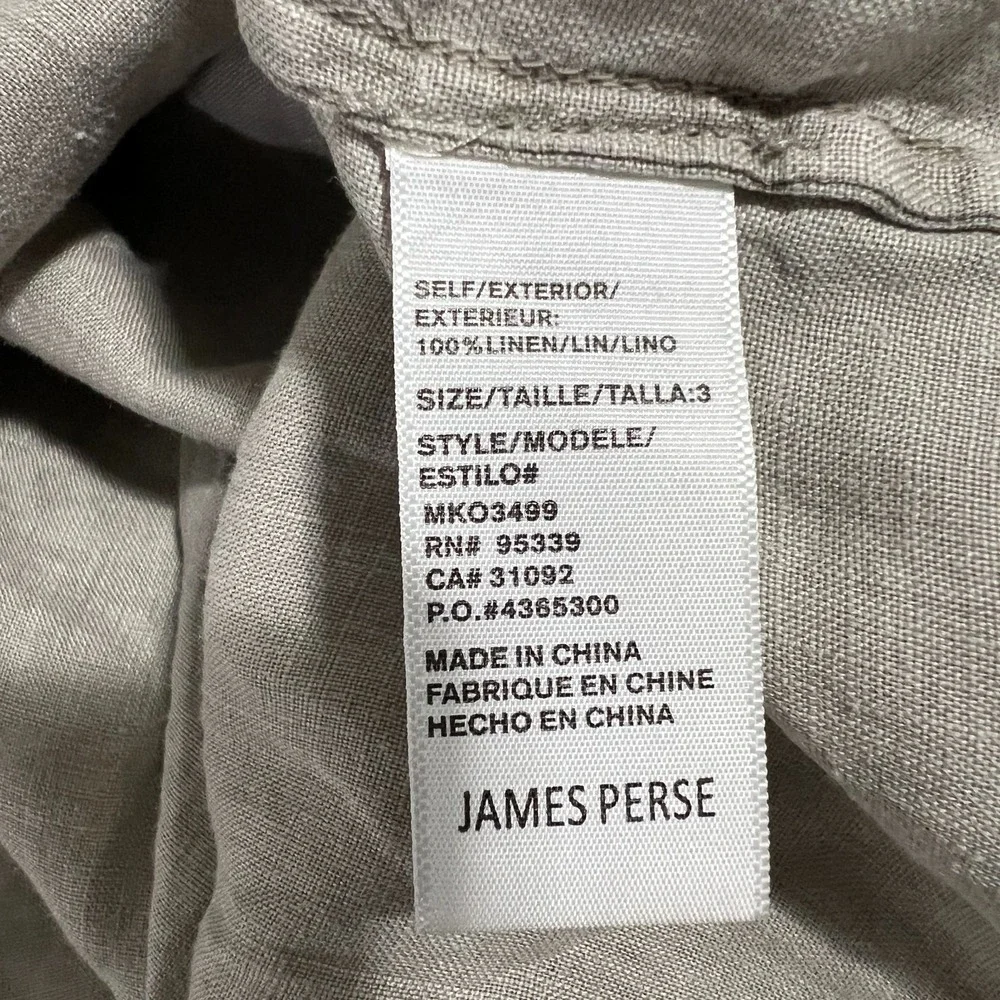 James Perse 100% Linen Button Up Shirt Mens Large 3 Beige Khaki Long Sleeve